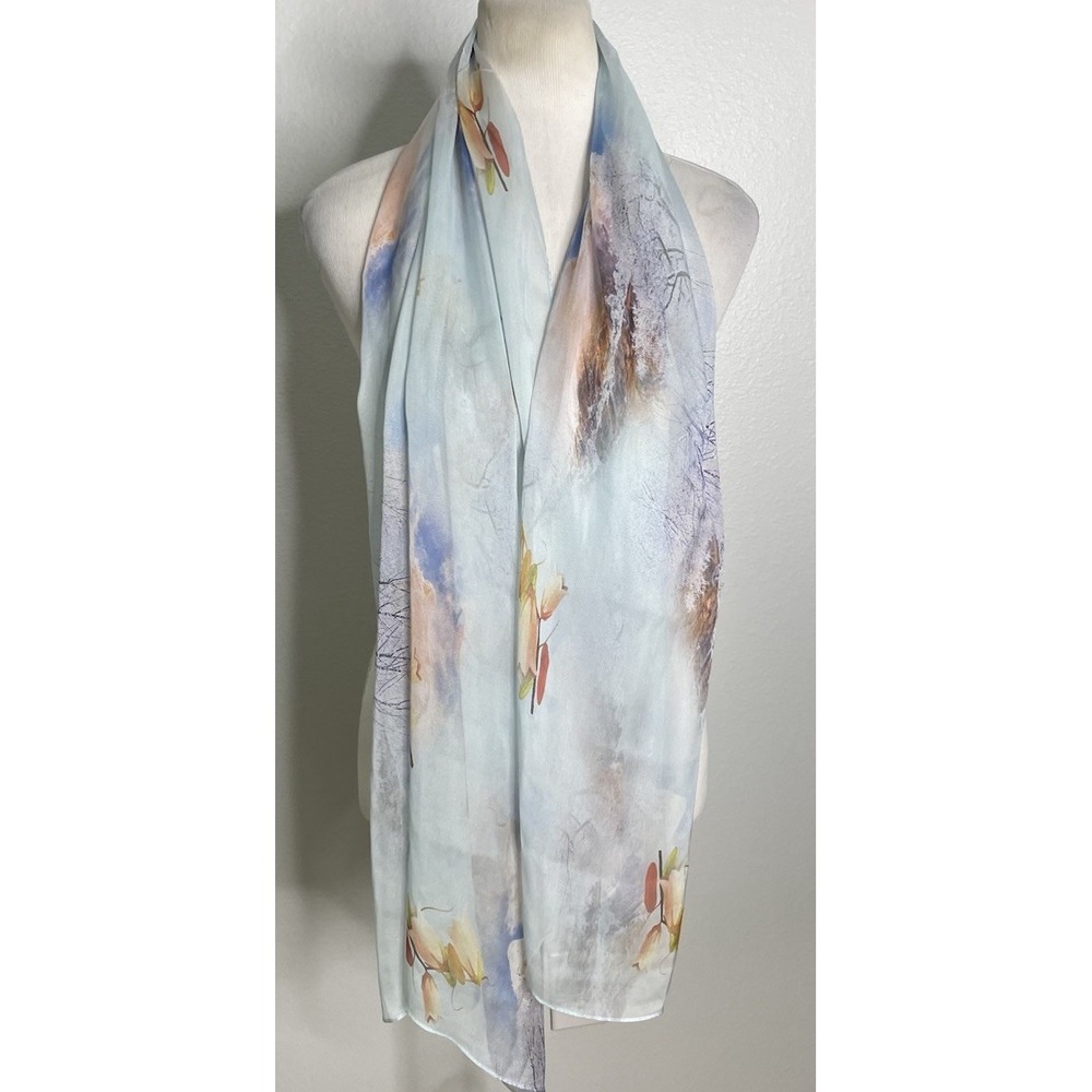 Wsilk Blue Watercolor Floral Silk Scarf 100% Silk 27x 69